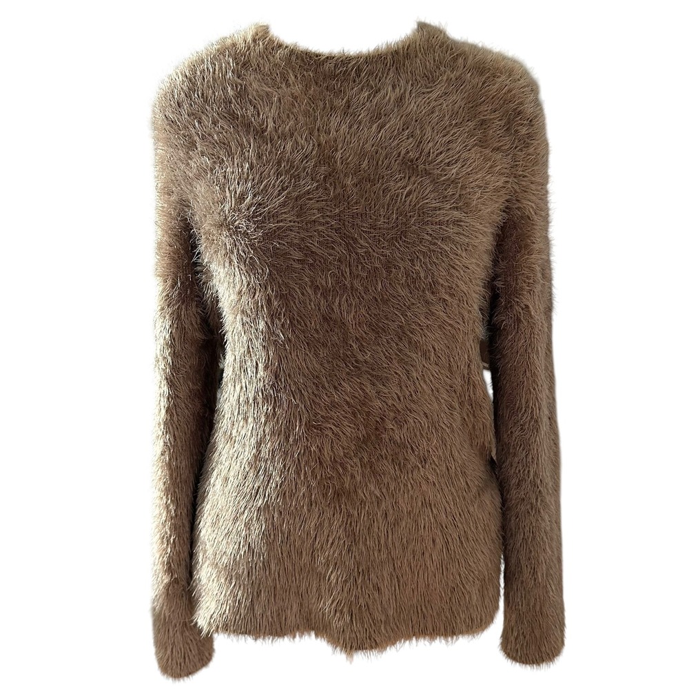 Kate Spade New York Faux Fur Fuzzy Brown Sweater with Small Black Bow Size Small